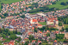 Oblique view of City view from the north with castle Meßkirch and church of St. Martin in Meßkirch in the state Baden-Wuerttemberg, Germany