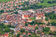 City view from the north with castle Meßkirch and church of St. Martin in Meßkirch in the state Baden-Wuerttemberg, Germany from above