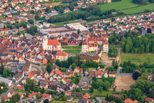 City view from the north with castle Meßkirch and church of St. Martin in Meßkirch in the state Baden-Wuerttemberg, Germany out of the air