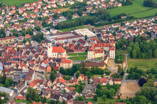 City view from the north with castle Meßkirch and church of St. Martin in Meßkirch in the state Baden-Wuerttemberg, Germany seen from above