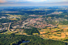 City view from the south beyond the A5 in the district Durlach in Karlsruhe in the state Baden-Wuerttemberg, Germany