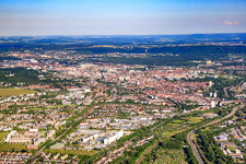 City view from the northwest with the southern bypass (B10) and Siemens AG, production and development site Karlsruhe in the district Knielingen in Karlsruhe in the state Baden-Wuerttemberg, Germany