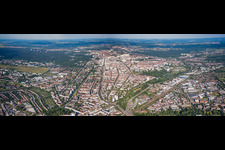 City panorama from the west in the district Mühlburg in Karlsruhe in the state Baden-Wuerttemberg, Germany