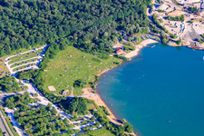 Aerial photograpy of Sunbathing lawn at Epplesee covered with bathers in the district Silberstreifen in Rheinstetten in the state Baden-Wuerttemberg, Germany