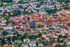 City overview from the south with Sparkasse and Marktkirche in Bad Bergzabern in the state Rhineland-Palatinate, Germany