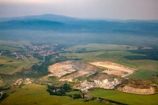 Aerial view of Site and Terrain of overburden surfaces Cement opencast mining Fels-Werke GmbH Kalkwerk Ruebeland in the district Ruebeland in Elbingerode (Harz) in the state Saxony-Anhalt, Germany