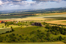Oblique view of Rock and mountain landscape Gegensteine der Teufelsmauer bei Ballenstedt in the district Rieder in Ballenstedt in the state Saxony-Anhalt