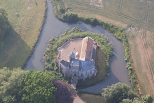Aerial view of Building and castle park systems of water castle von Tilques in Tilques in Hauts-de-France, France