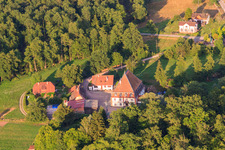 Aerial view of Bienwaldmühle grain mill on the Lauter in Scheibenhardt in the state Rhineland-Palatinate, Germany