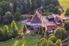 Bienwaldmühle grain mill on the Lauter in Scheibenhardt in the state Rhineland-Palatinate, Germany out of the air
