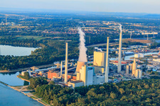 Aerial photograpy of EnBW Energie Baden-Württemberg AG, Rhine Harbour steam power plant Karlsruhe seen from the Palatinate in the district Daxlanden in Karlsruhe in the state Baden-Wuerttemberg, Germany