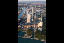 Aerial photograpy of ENBW power plant on the Rhine in the district Daxlanden in Karlsruhe in the state Baden-Wuerttemberg, Germany