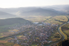Aerial view of Village on the banks of the area Kinzig - river course in Biberach in the state Baden-Wurttemberg