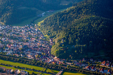 Village on the river bank areas of the Kinzig river in Hausach in the state Baden-Wurttemberg, Germany