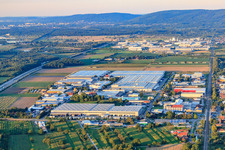 Aerial view of Heinkelstraße industrial estate with IHLE tires GmbH - tire wholesale, Prologis Germany Management GmbH and Rhenus Logistics in Muggensturm in the state Baden-Wuerttemberg, Germany
