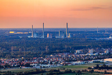 ENBW power plant on the Rhine in the district Daxlanden in Karlsruhe in the state Baden-Wuerttemberg, Germany from above