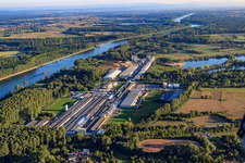 Industrial area on the banks of the Rhine with Rheinspan GmbH & Co. KG, Knaus Carpentry - Johann Knaus & Viktor Knaus GbR and Express Möbel GmbH & Co. KG in Germersheim in the state Rhineland-Palatinate, Germany