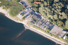 Aerial view of Tropic Beach Island restaurant at the railway bridge in the district Rheinsheim in Philippsburg in the state Baden-Wuerttemberg, Germany