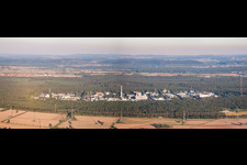 Aerial view of Panoramic perspective of Campus building of the university KIT - Campus Nord (former Nuclear research centre Karlsruhe) in the district Leopoldshafen in Eggenstein-Leopoldshafen in the state Baden-Wurttemberg, Germany