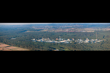 Aerial view of Panorama of KIT North from the west (former Karlsruhe Nuclear Research Center) in the district Leopoldshafen in Eggenstein-Leopoldshafen in the state Baden-Wuerttemberg, Germany