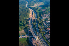 Aerial view of Mutschelbach, A8 construction site in the district Nöttingen in Remchingen in the state Baden-Wuerttemberg, Germany
