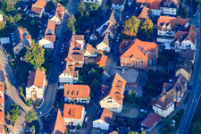 Aerial view of Lutherstraße with Siloah Church and Town Hall Ispringen in Ispringen in the state Baden-Wuerttemberg, Germany