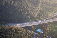 Wölfle outdoor pool under the A6 motorway in the district Wolfartsweier in Karlsruhe in the state Baden-Wuerttemberg, Germany
