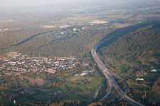 Aerial view of A6 motorway in the district Wolfartsweier in Karlsruhe in the state Baden-Wuerttemberg, Germany