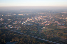 Turmberg in the district Durlach in Karlsruhe in the state Baden-Wuerttemberg, Germany viewn from the air