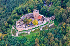 Aerial photograpy of Ruins of Landeck Castle in Klingenmünster in the state Rhineland-Palatinate, Germany