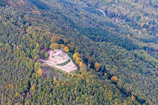 Aerial view of Ruins and vestiges of the former castle and fortress Burgruine Rietburg in Rhodt unter Rietburg in the state Rhineland-Palatinate, Germany