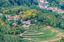 Aerial view of Kropsburg Castle and Castle Tavern at Kropsburg in the district SaintMartin in Sankt Martin in the state Rhineland-Palatinate, Germany