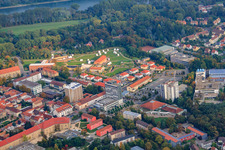 Oblique view of City Park Fronte Lamotte with Weissenburg Gate building and moat defense building in Germersheim in the state Rhineland-Palatinate, Germany