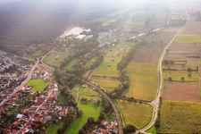 Oblique view of Mhou ostrich farm at the leisure center in Rülzheim in the state Rhineland-Palatinate, Germany