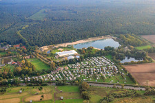 Aerial view of Camping Resort Rülzheim at the leisure center with event dome Dampfnudel in Rülzheim in the state Rhineland-Palatinate, Germany