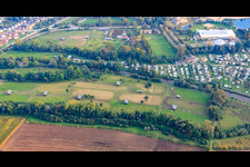 Mhou ostrich farm at the leisure center in Rülzheim in the state Rhineland-Palatinate, Germany from above