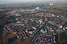 Aerial photograpy of City view on the river bank of the Rhine river in Germersheim in the state Rhineland-Palatinate, Germany