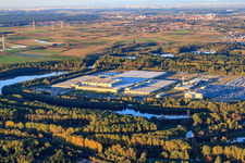 Mercedes-Benz Global Logistics Center on the island of Grün in Germersheim in the state Rhineland-Palatinate, Germany from above