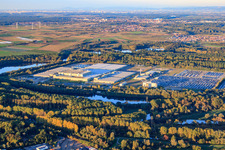 Mercedes-Benz Global Logistics Center on the island of Grün in Germersheim in the state Rhineland-Palatinate, Germany out of the air