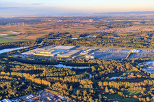 Mercedes-Benz Global Logistics Center on the island of Grün in Germersheim in the state Rhineland-Palatinate, Germany seen from above