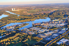 Aerial photograpy of Port Germersheim with TRICOR Packaging Systems GmbH, Smurfit Westrock Wellpappe Südwest, Ardagh Group and Hanewald Spedition in Germersheim in the state Rhineland-Palatinate, Germany