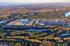 Mercedes-Benz Global Logistics Center on the island of Grün in Germersheim in the state Rhineland-Palatinate, Germany from the plane