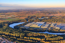 Bird's eye view of Mercedes-Benz Global Logistics Center on the island of Grün in Germersheim in the state Rhineland-Palatinate, Germany