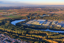 Mercedes-Benz Global Logistics Center on the island of Grün in Germersheim in the state Rhineland-Palatinate, Germany viewn from the air