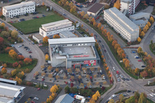 Aerial view of Building of the shopping center MediaMarkt Landau in the district Queichheim in Landau in der Pfalz in the state Rhineland-Palatinate, Germany