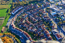 Aerial photograpy of Helmut-Braun-Ring and August-Franck-Straße in Rülzheim in the state Rhineland-Palatinate, Germany