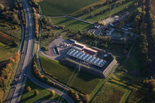 Power plants of thermal power station Geothermiekraftwerk in Insheim in the state Rhineland-Palatinate, Germany from above