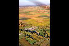 Aerial view of Geothermal power plant in front of wind farm in Insheim in the state Rhineland-Palatinate, Germany