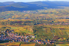 Aerial view of Nature reserve Kleine Kalmit above the wine-growing village in Ilbesheim bei Landau in the state Rhineland-Palatinate, Germany