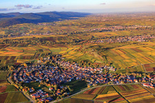 Oblique view of Nature reserve Kleine Kalmit above the wine-growing village in Ilbesheim bei Landau in the state Rhineland-Palatinate, Germany